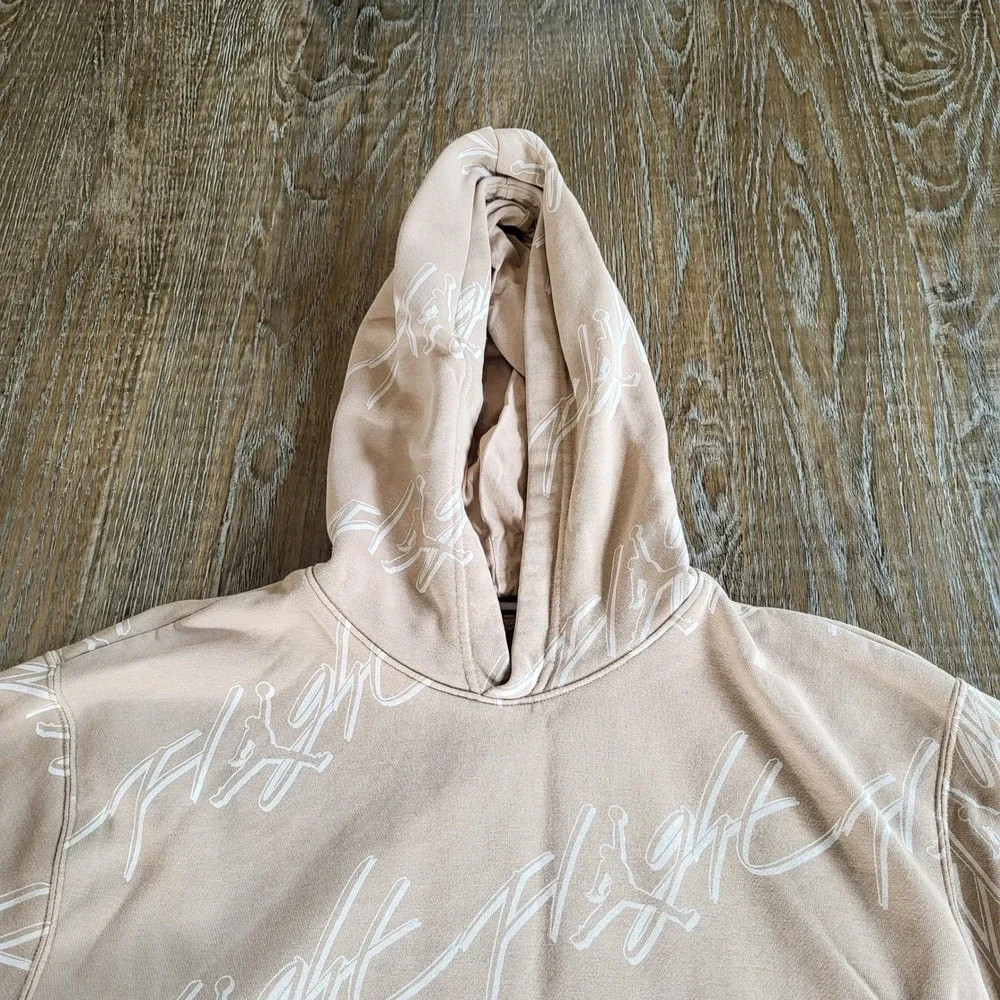 Nike Jordan Flight Essentials Hoodie Tan All Over Print Script Mens Medium